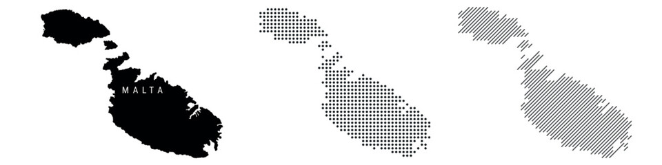 Malta silhouette map and two patterns of dots and slanted lines. Flat vector illustration isolated on white