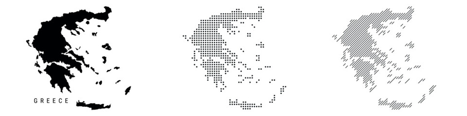 Greece silhouette map and two patterns of dots and slanted lines. Flat vector illustration isolated on white