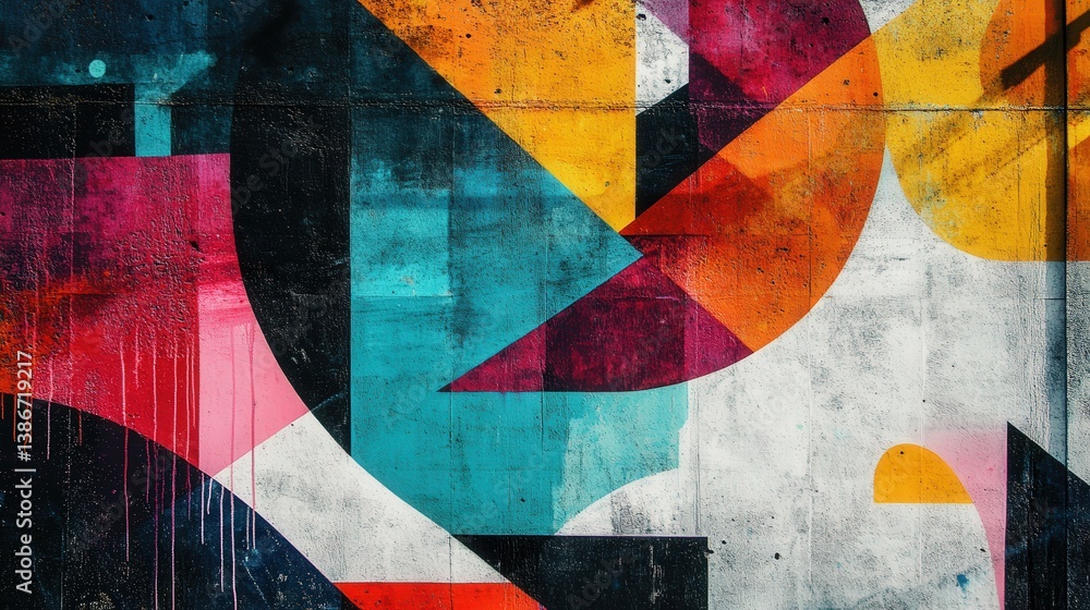 Poster spray paint graphic pattern on an old wall, with an array of shapes and lines in vivid hues.
