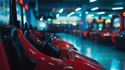 Obraz premium Retro Arcade Gaming Machines in an Illuminated Game Room