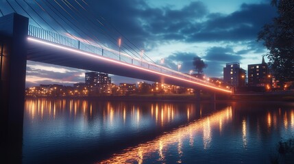 modern bridge with glowing LED lights highlighting its steel cables, creating a futuristic ambiance over a calm river.
