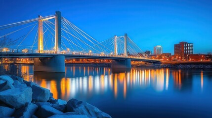 modern bridge with glowing LED lights highlighting its steel cables, creating a futuristic ambiance over a calm river.