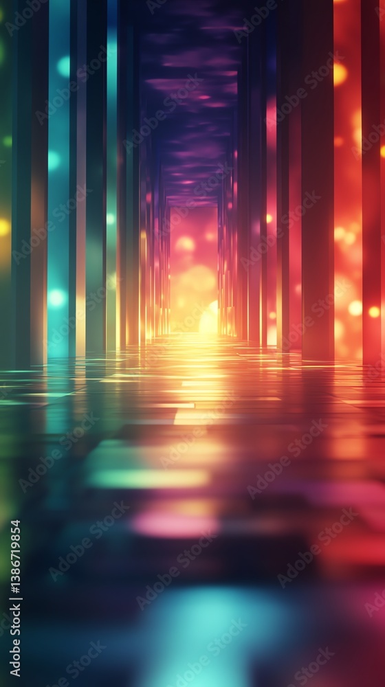 Poster abstract glowing corridor with colorful light beams and reflections background
