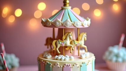 A carousel cake with edible gold horses. Carnival lights backdrop enhances nostalgic birthday magic.