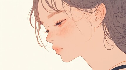 A delicate profile illustration shows a woman with eyes closed peacefully, featuring soft brown wavy hair and subtle blush under gentle lighting against a neutral backdrop.