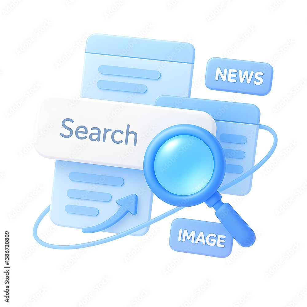 Poster 3d search bar png icon isolated on transparent background – magnifying glass and browser panels for 