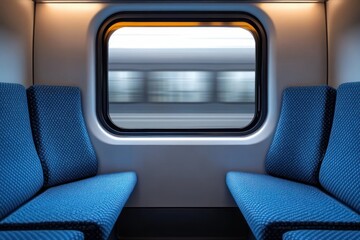 Modern Train Compartment with Blue Patterned Seats and Large Window for Travelers in Europe