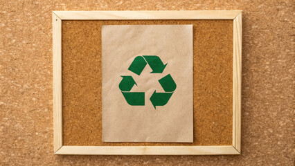 Conceptual image for World Environment Day. Recycled paper poster with green recycling symbol on cork board background.