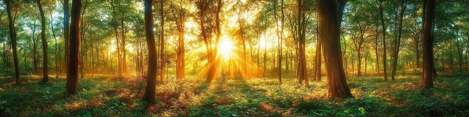 Spring Forest Panorama with Sunlight Filtering Through Trees in Enchanted Green Landscape