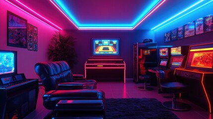 Retro-inspired gaming room with neon lights and classic arcade machines
