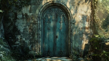 Naklejka premium Arched wooden door set in a stone wall with foliage.