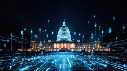 Glowing high-tech digital data streams surrounding the illuminated US Capitol Building at night, representing artificial intelligence, machine learning integration, and futuristic smart city urbanizat