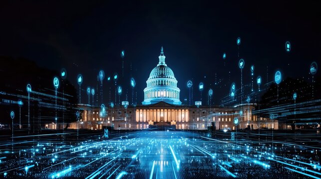 Glowing high-tech digital data streams surrounding the illuminated US Capitol Building at night, representing artificial intelligence, machine learning integration, and futuristic smart city urbanizat