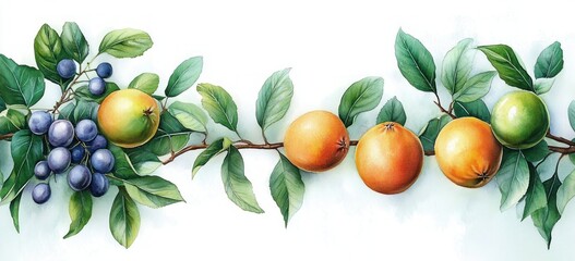 Obraz premium Hyper-detailed watercolor illustration of apple and plum tree branches with fruits and leaves in soft pastel colors