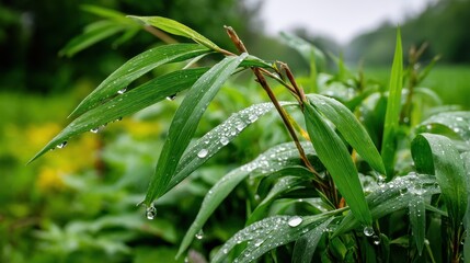 Obraz premium Lush Green Bamboo Leaves Glistening with Dew Drops after a Gentle Rain A Perfect Nature Close Up