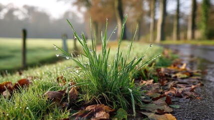 Dew kissed Grass Blades by Roadside in Autumn A Breathtaking Nature Scene