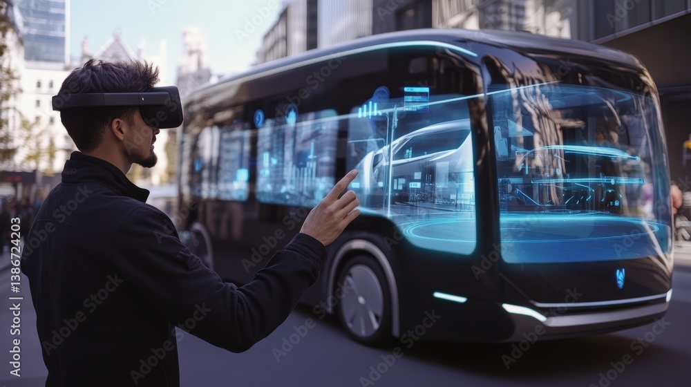 Poster a man uses virtual reality to interact with a futuristic bus