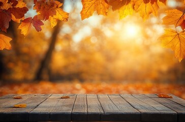Autumn Leaves Background with Wooden Table Cozy Fall Scene