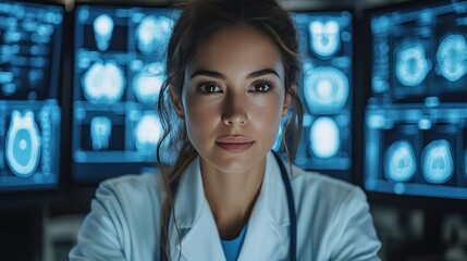 female doctor preparing an organ transplant, reviewing patient compatibility data, high-tech surgical planning