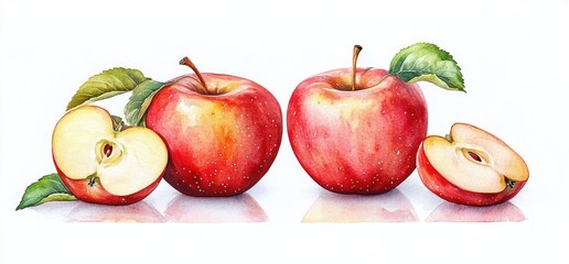 Realistic Watercolor Illustration of Fresh Apples Sliced with Green Leaves on White Background