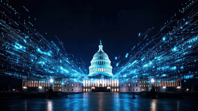 Glowing high-tech digital data streams surrounding the illuminated US Capitol Building at night, representing artificial intelligence, machine learning integration, and futuristic smart city urbanizat