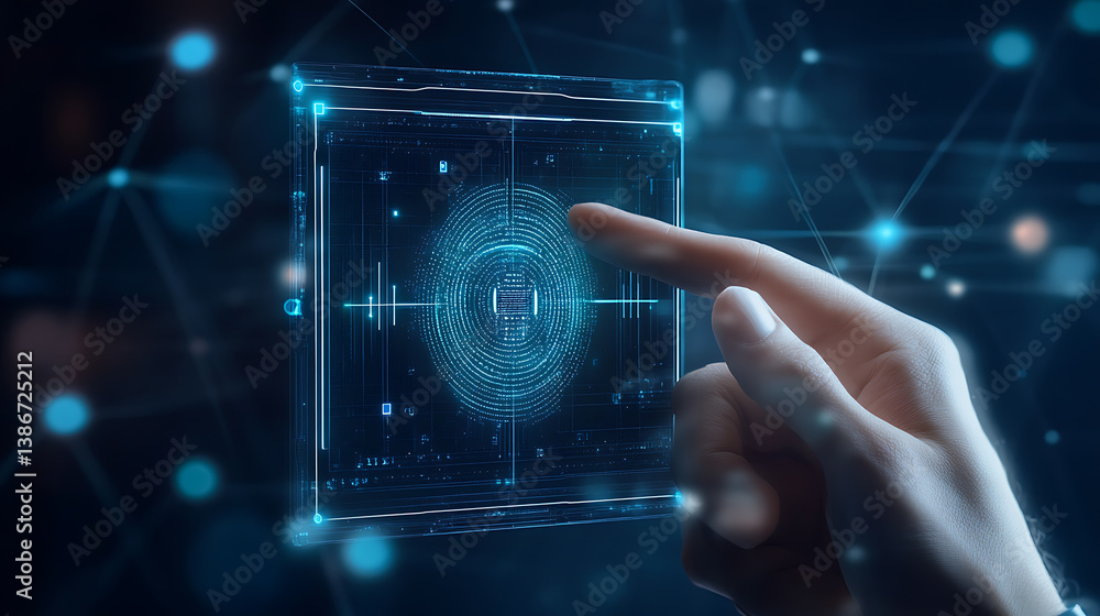 Poster digital fingerprint identification technology virtual environment interactive content futuristic des
