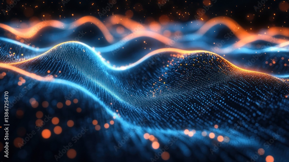 Poster abstract digital landscape with blue and orange glowing particles forming dynamic wave patterns evoc