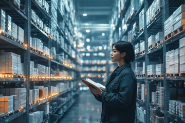 Asian Manager Woman Managing Inventory in Futuristic Warehouse with Smart Technology and ERP System