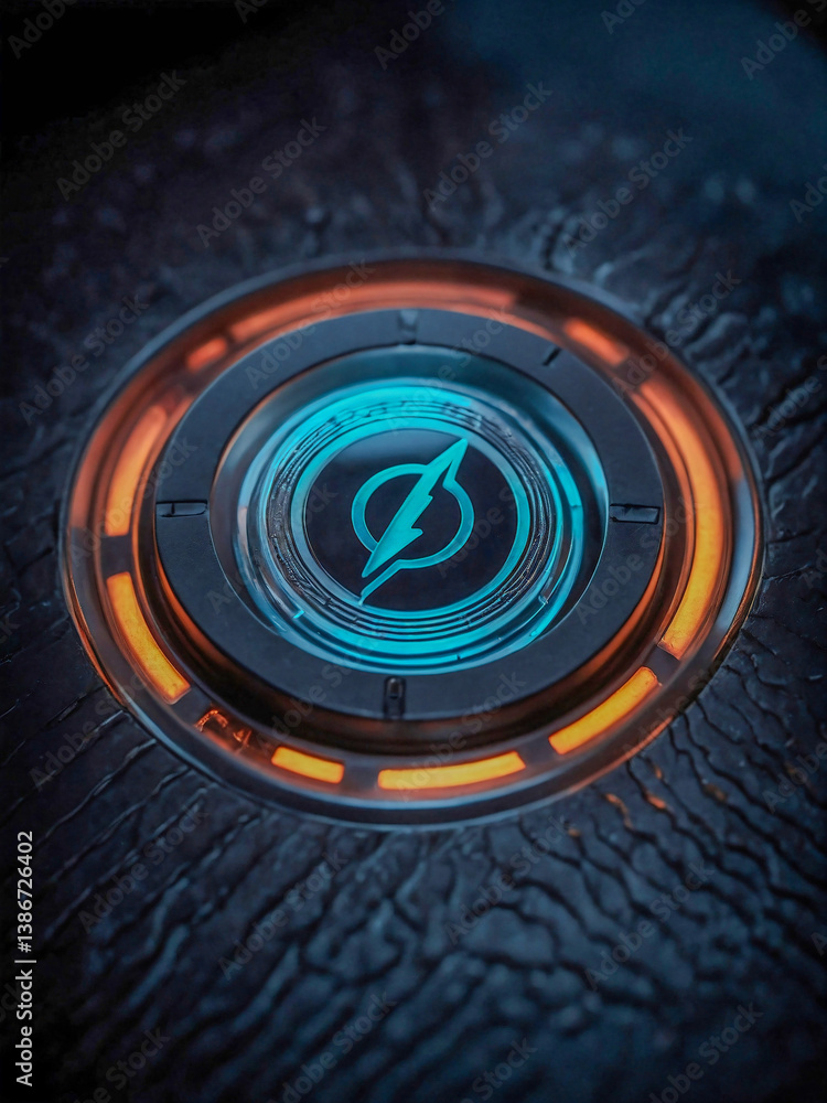 Poster glowing power button icon with animation.