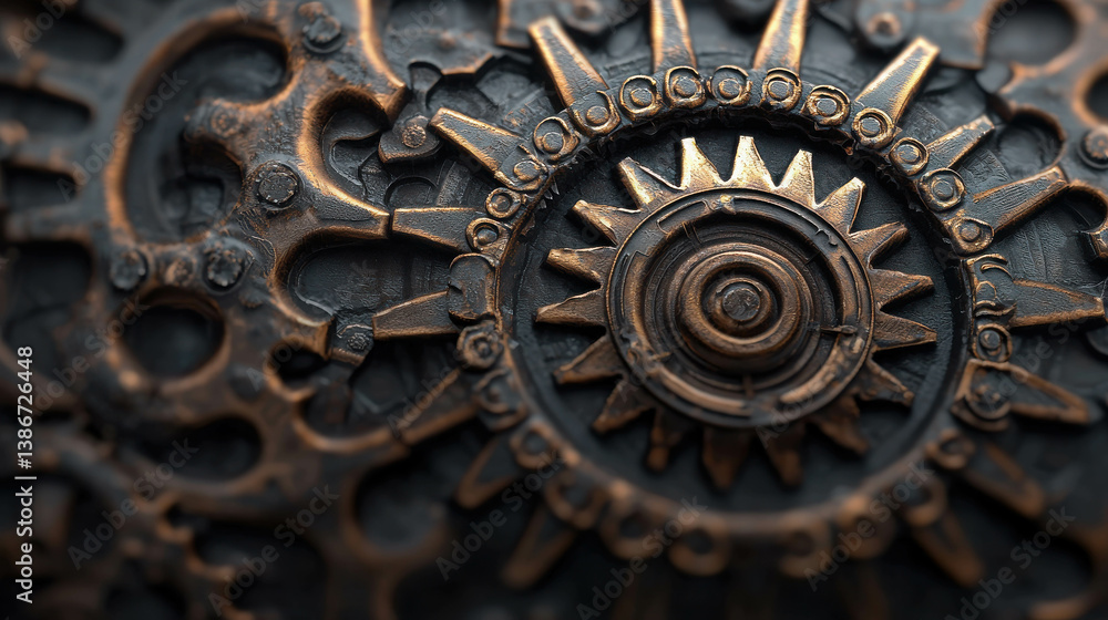 Aufkleber intricate copper gears and cogs in steampunk design with metallic finish and texture