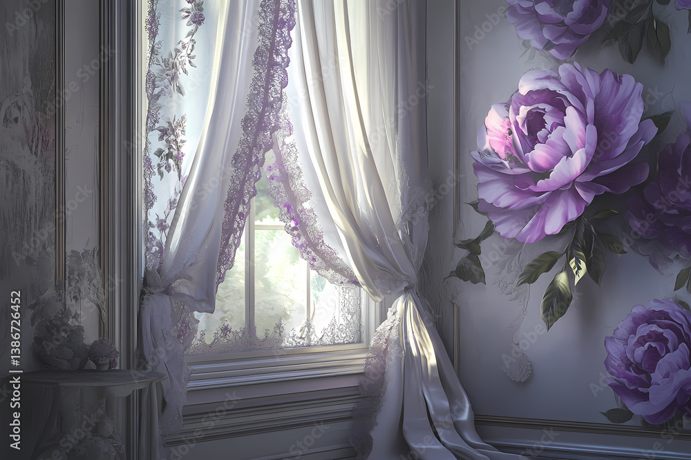 Poster serene room: soft, diffused light streams through an elegant window, illuminating delicate curtains 