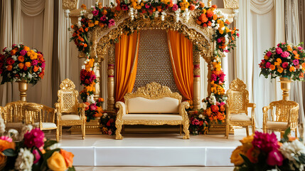 Golden Wedding Stage: A lavishly adorned stage sets the scene, draped in rich golden hues and blooming flowers.