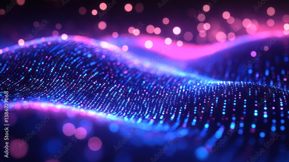 Poster abstract landscape with glowing blue and magenta particles simulating dynamic wave motion perfect fo