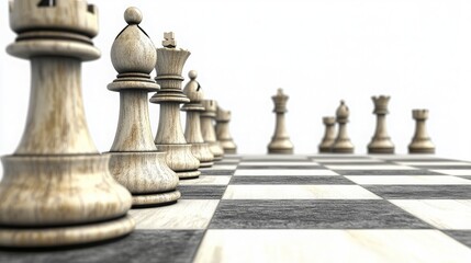 Fototapeta premium Strategic Chessboard Perspective with Focused Chess Pieces An Artistic Representation of Chess Strategy and Tactics, Highlighting the Intricacies of the Game and Its Impact on Strategic Thinking.