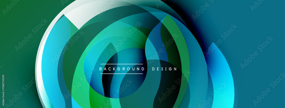 Poster Abstract design features overlapping circles. Blue, green, white hues create dynamic visual effect. Modern background for digital projects.