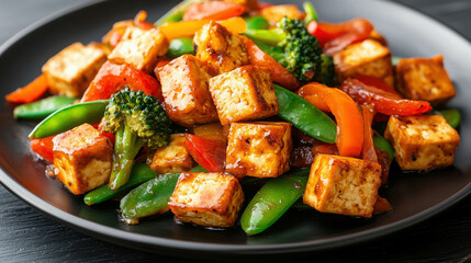 Fototapeta premium Fresh Stir-Fried Vegetables with Tofu Cubes Served on a Black Plate for Healthy Eating