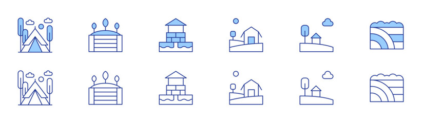 Rural icon set in two styles, Duotone and Thin Line style. Editable stroke. tent, farm, seeding, country, well, field