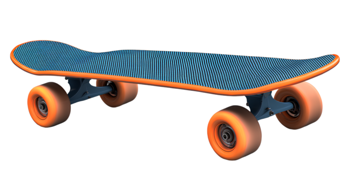 Blue skateboard with orange wheels isolated on a transparent background png