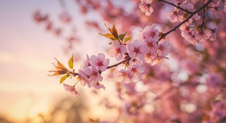 Pink blossoms on a tree branch against a blurred sky background.