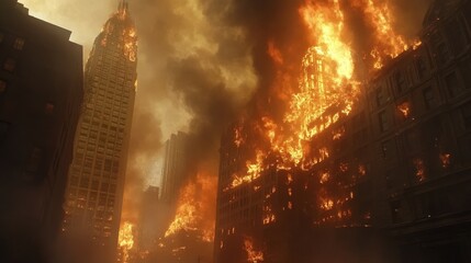 Buildings engulfed in flames with smoke billowing into the sky.