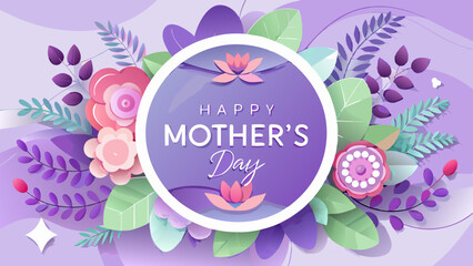 Abstract Festive Background with Flowers and a Rectangular Frame. Happy Mother's Day. Women's Day, March 8. Paper cut Floral Greeting Card. Vector illustration