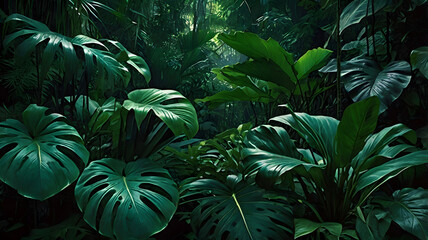 Dense tropical jungle foliage, overlapping large green leaves, deep shadows, dark emerald tones, moody natural background, ultra-detailed.