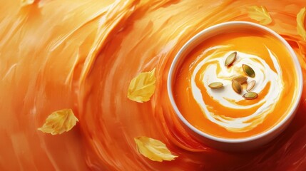 A bowl of creamy pumpkin soup with a swirl of cream and roasted seeds. Featuring comfort and warmth