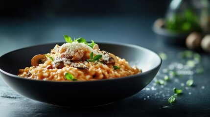 A bowl of creamy risotto with mushrooms and parmesan. Featuring richness and comfort