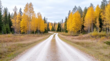 Fototapeta premium Autumnal forest road. Golden trees line a gravel path leading into a hazy, fall landscape