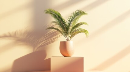 Obraz premium Minimalist potted palm in beige setting. Sunlight shadows. Use for interior design, home decor, botanical display