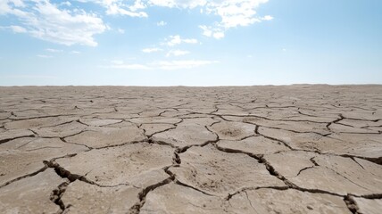 Cracked dry earth under clear sky, symbolizing drought and environmental challenges.