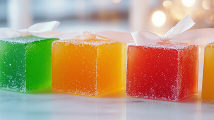 Colorful Jelly Cubes with Ribbons on a Table for Candy or Dessert Decoration Ideas