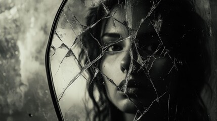 Woman's face seen through a shattered mirror monochrome image.