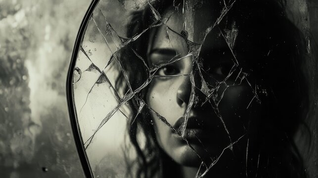 Woman's face seen through a shattered mirror monochrome image.